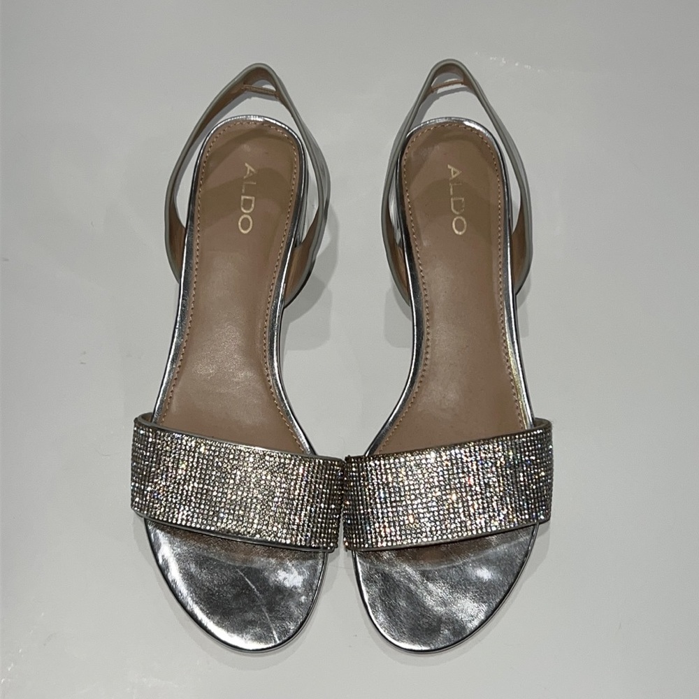 Aldo Silver Block Heel Sandals Size 9M